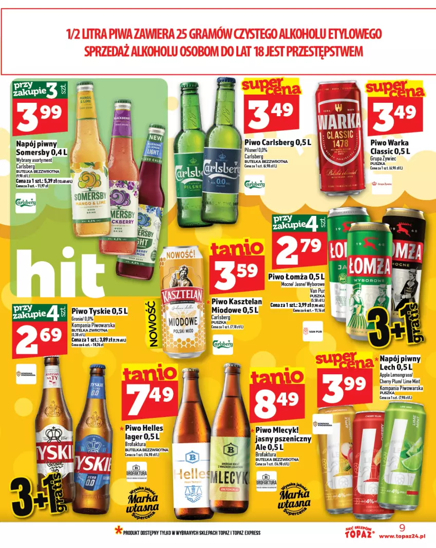 Gazetka promocyjna Topaz - Gazetka - ważna 24.07 do 30.07.2025 - strona 9 - produkty: Carlsberg, Fa, Gra, Kasztelan, Miód, Napój, Piwo, Pur, Top, Tyskie, Warka