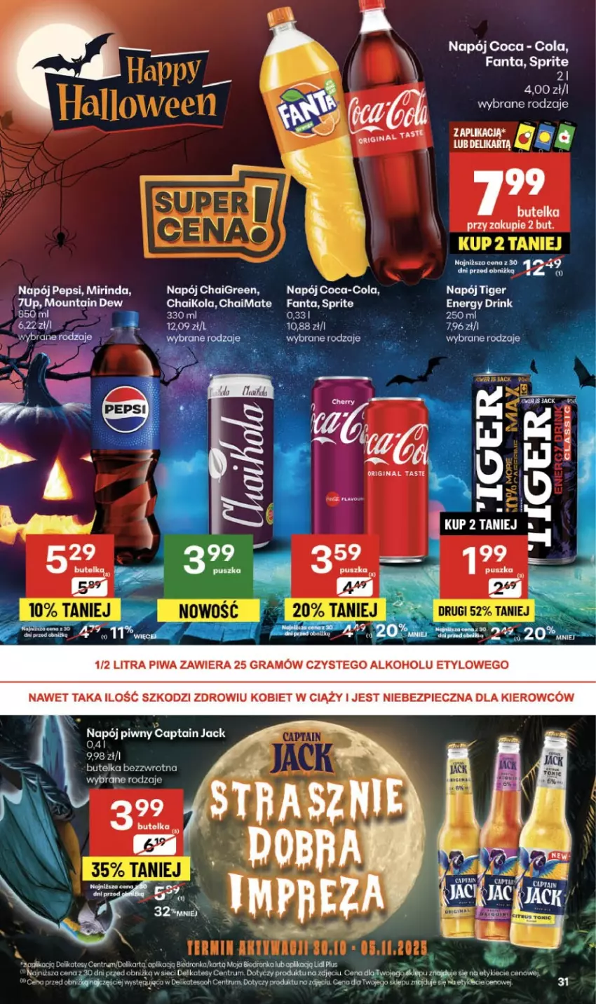 Gazetka promocyjna Delikatesy Centrum - Franczyza DC44 Czwartek - ważna 30.10 do 05.11.2025 - strona 31 - produkty: 7up, Captain Jack, Coca-Cola, Fa, Fanta, Koc, Mirinda, Napój, Pepsi, Rum, Sprite, Szal, Tiger