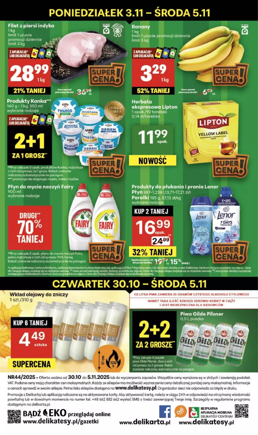 Gazetka promocyjna Delikatesy Centrum - Franczyza DC44 Czwartek - ważna 30.10 do 05.11.2025 - strona 40 - produkty: Banany, Do mycia naczyń, Fa, Fairy, Filet z piersi indyka, Gra, Herbata, Lenor, Lipton, Mobil, Olej, Piec, Piwa, Piwo, Płyn do mycia, Płyn do mycia naczyń, Rum, Torebka, Wkład olejowy, Znicz