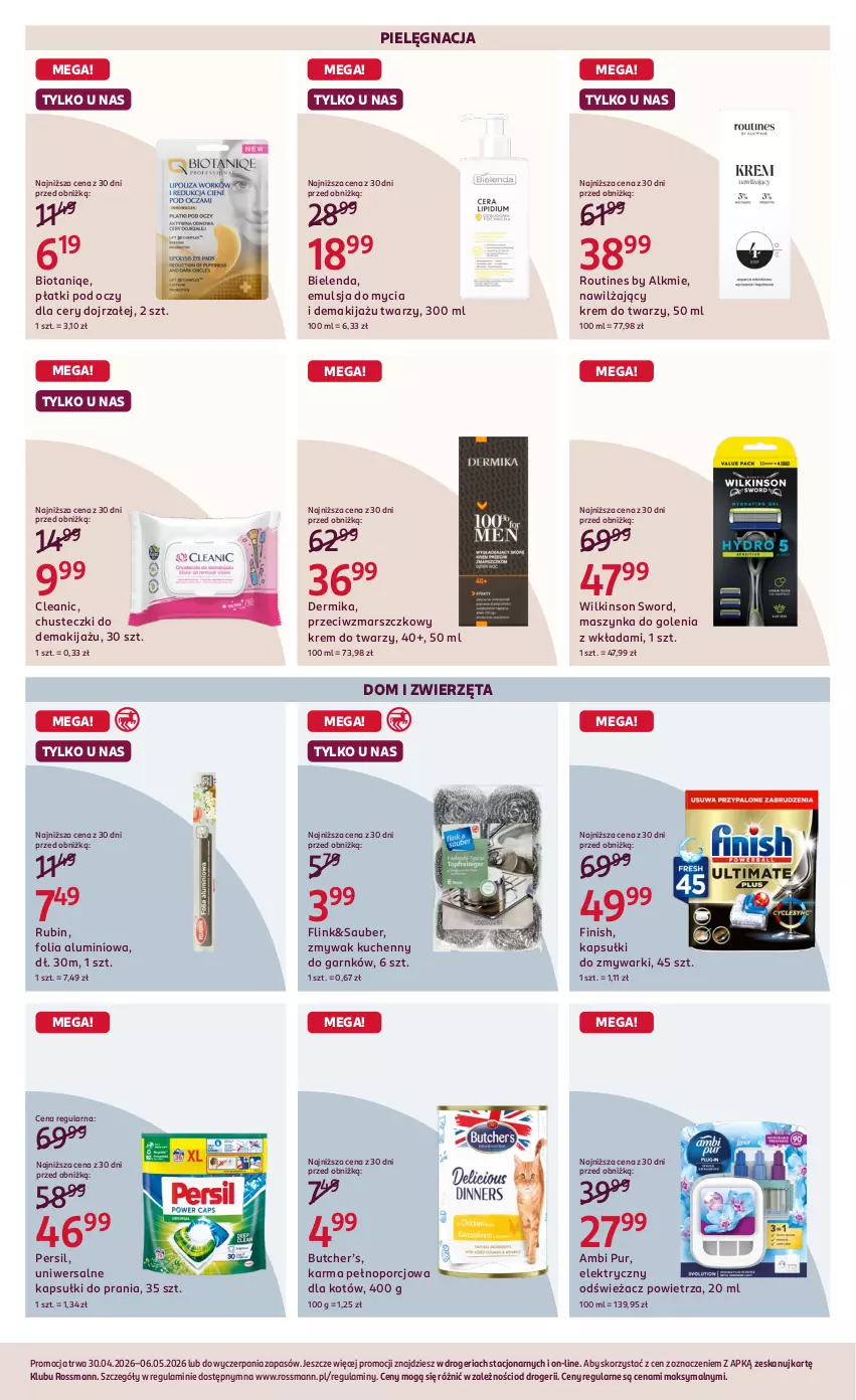 Gazetka promocyjna Rossmann - Gazetka promocyjna Rossmanna - ważna 30.04 do 06.05.2026 - strona 7 - produkty: Ambi Pur, Bielenda, Chusteczki, Cleanic, Dermika, Emulsja, Emulsja do mycia, Finish, Folia aluminiowa, Kapsułki do prania, Krem do twarzy, Makijaż, Mars, Maszynka, Maszynka do golenia, Odświeżacz powietrza, Persil, Por, Pur, Rubin, Szynka, Wilkinson Sword, Zmywarki, Zwierzęta