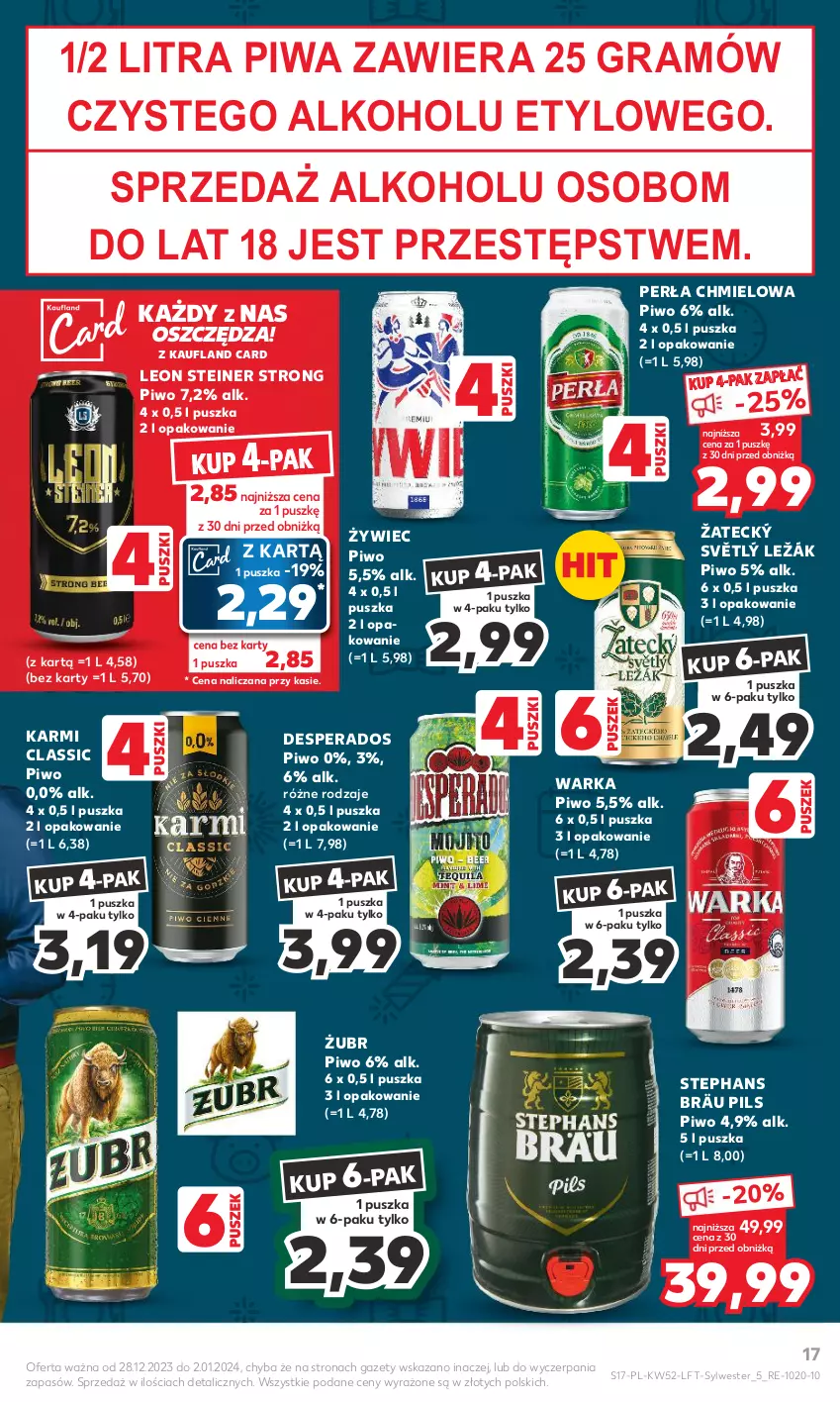 Gazetka promocyjna Kaufland - Gazetka tygodnia - ważna 28.12.2023 do 02.01.2024 - strona 17 - produkty: Desperados, Gra, Karmi, Leon, Perła, Piwa, Piwo, Warka