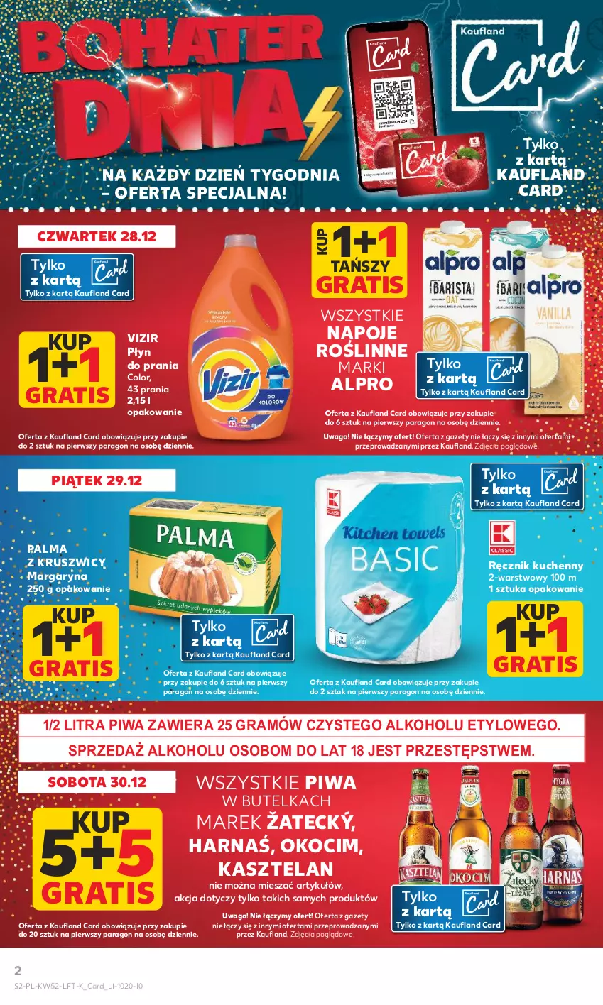 Gazetka promocyjna Kaufland - Gazetka tygodnia - ważna 28.12.2023 do 02.01.2024 - strona 2 - produkty: Alpro, Gra, Harnaś, Kasztelan, Koc, Margaryna, Napoje, Okocim, Palma, Piwa, Płyn do prania, Ręcznik, Ręcznik kuchenny, Vizir, Waga