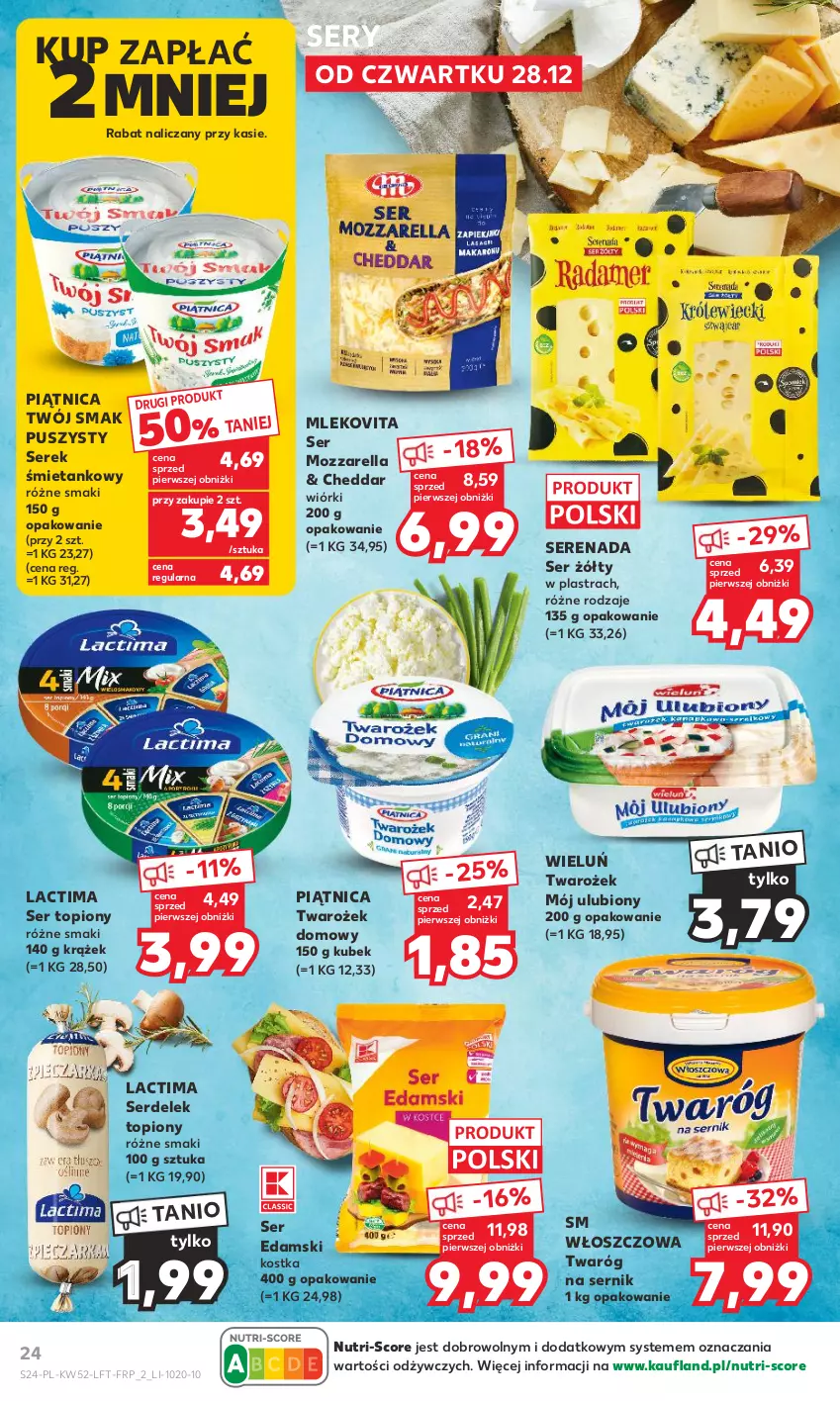 Gazetka promocyjna Kaufland - Gazetka tygodnia - ważna 28.12.2023 do 02.01.2024 - strona 24 - produkty: Cheddar, Edam, Kubek, Mleko, Mlekovita, Mozzarella, Piątnica, Ser, Ser topiony, Serek, Top, Twaróg, Twój Smak