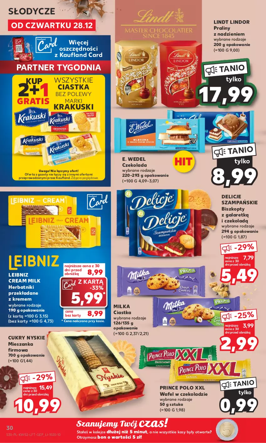 Gazetka promocyjna Kaufland - Gazetka tygodnia - ważna 28.12.2023 do 02.01.2024 - strona 30 - produkty: Biszkopty, Ciastka, Czekolada, Delicje, E. Wedel, Gala, Gra, Herbatniki, Krakus, Krakuski, Lindor, Lindt, Milka, Olej, Praliny, Prince Polo, Waga