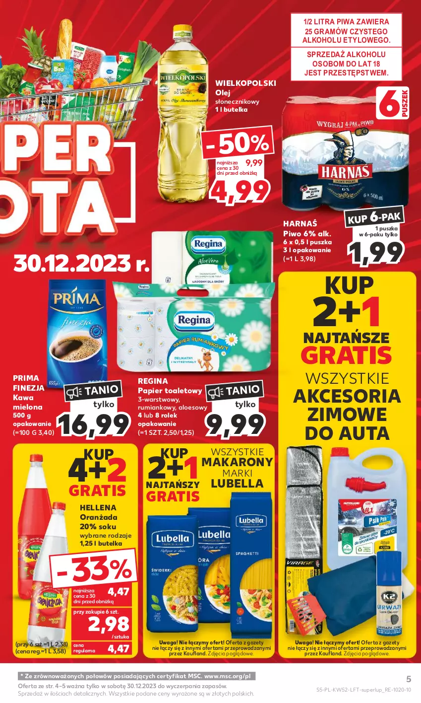 Gazetka promocyjna Kaufland - Gazetka tygodnia - ważna 28.12.2023 do 02.01.2024 - strona 5 - produkty: Bell, Bella, Gin, Gra, Harnaś, Hellena, Kawa, Kawa mielona, Lubella, Makaron, Olej, Oranżada, Papier, Papier toaletowy, Piwa, Piwo, Prima, Rum, Sok, Waga