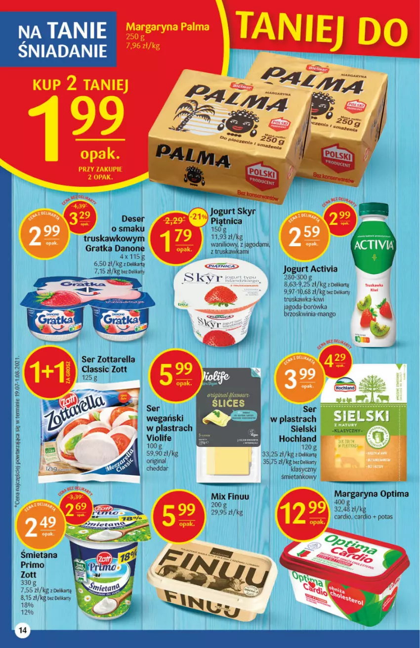 Gazetka promocyjna Delikatesy Centrum - Gazetka Delikatesy Centrum - ważna 23.09 do 29.09.2021 - strona 14 - produkty: Activia, Borówka, Cheddar, Danone, Finuu, Gin, Gra, Hochland, Jogurt, Kiwi, LANA, Mango, Margaryna, Optima, Piątnica, Ser, Zott, Zottarella