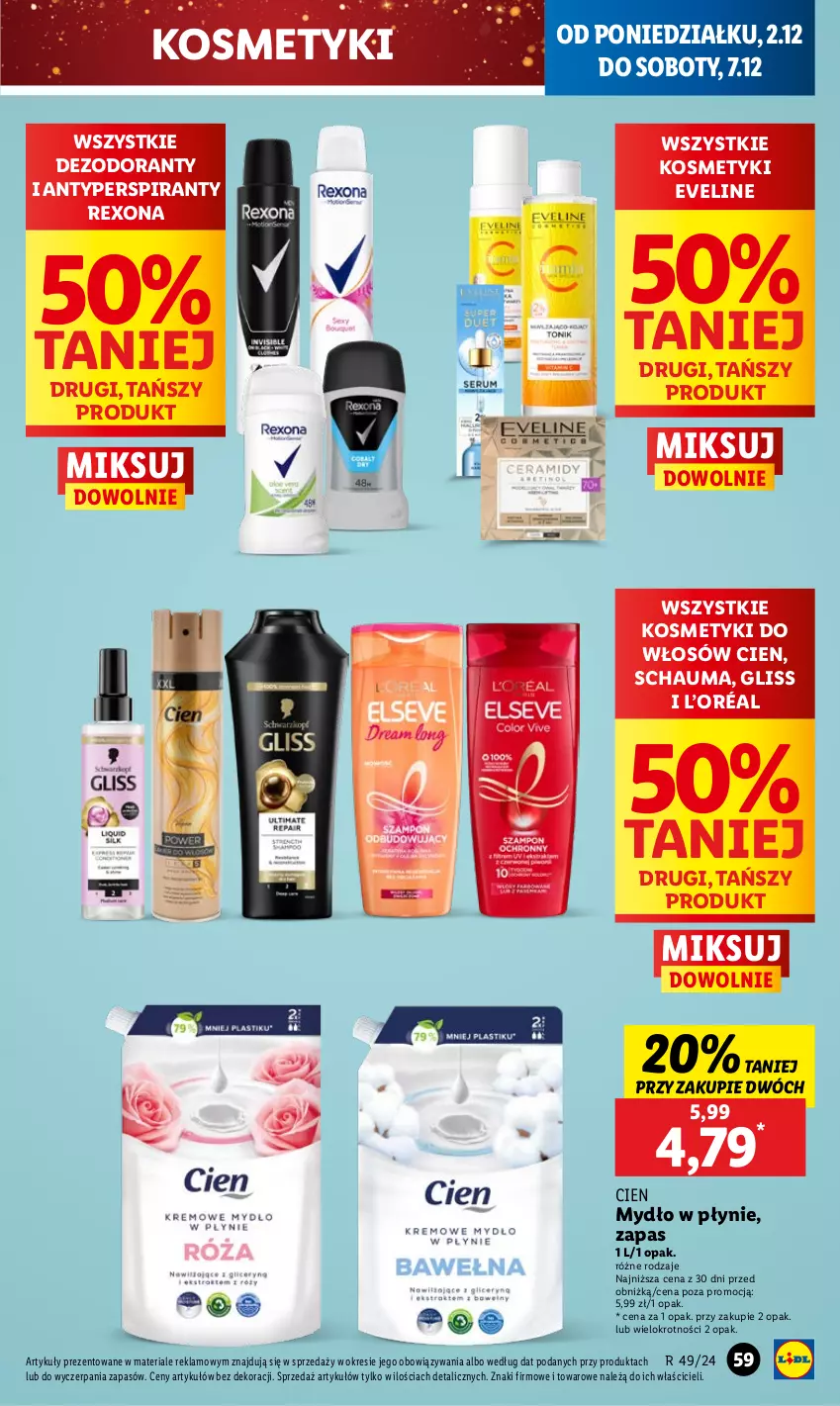 Gazetka promocyjna Lidl - GAZETKA - ważna 02.12 do 04.12.2024 - strona 63 - produkty: Antyperspirant, Dezodorant, Eveline, L’Oréal, Mydło, Mydło w płynie, Rexona, Schauma