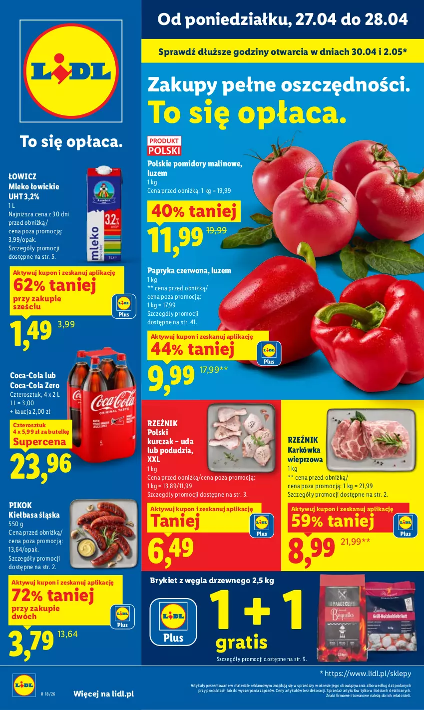 Gazetka promocyjna Lidl - Gazetka ważna od 27.04 do 28.04 - ważna 27.04 do 28.04.2026 - strona 1 - produkty: Coca-Cola, Gra, Karkówka wieprzowa, Kiełbasa, Kiełbasa śląska, Kurczak, Mleko, Papryka, Papryka czerwona, PIKOK, Pomidory