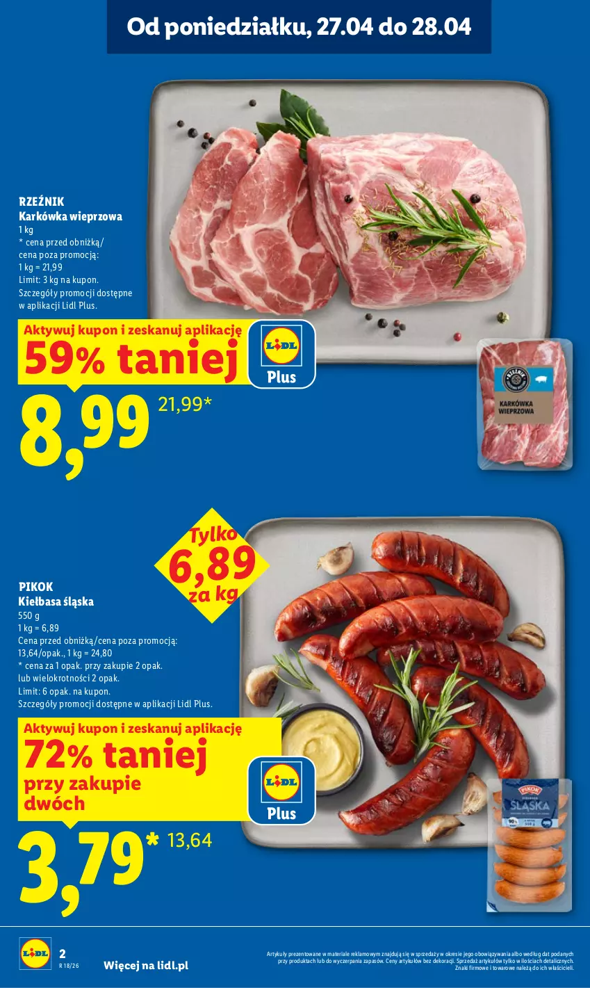 Gazetka promocyjna Lidl - Gazetka ważna od 27.04 do 28.04 - ważna 27.04 do 28.04.2026 - strona 2 - produkty: Karkówka wieprzowa, Kiełbasa, Kiełbasa śląska, PIKOK