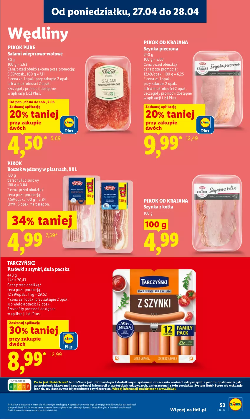 Gazetka promocyjna Lidl - Gazetka ważna od 27.04 do 28.04 - ważna 27.04 do 28.04.2026 - strona 53 - produkty: Boczek, Parówki, Parówki z szynki, Piec, PIKOK, Pur, Salami, Szynka, Tarczyński