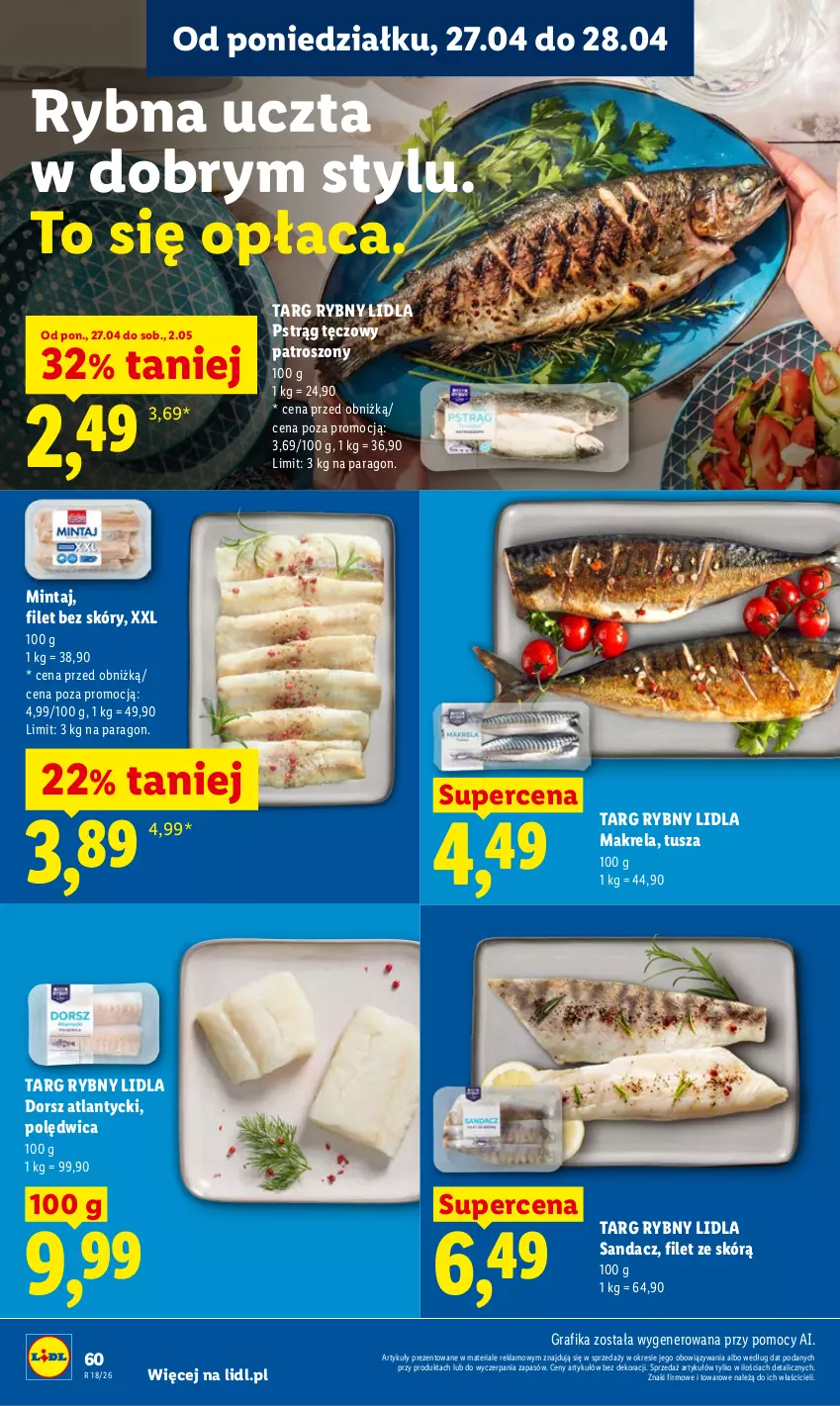 Gazetka promocyjna Lidl - Gazetka ważna od 27.04 do 28.04 - ważna 27.04 do 28.04.2026 - strona 60 - produkty: Dorsz, Gra, Grafika, Mintaj, Polędwica, Pstrąg, Pstrąg tęczowy, Sandacz, Tusz