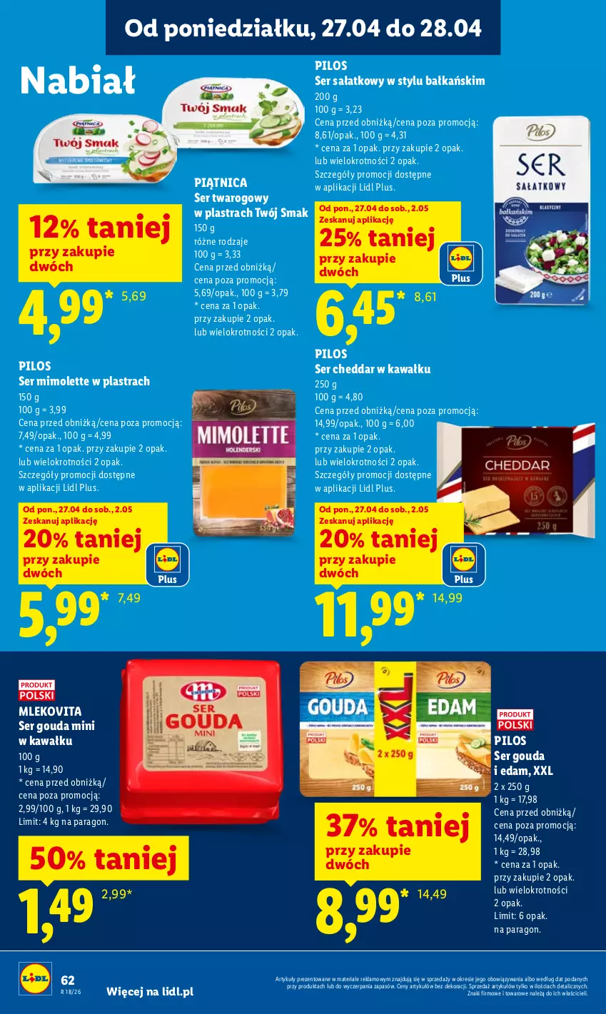 Gazetka promocyjna Lidl - Gazetka ważna od 27.04 do 28.04 - ważna 27.04 do 28.04.2026 - strona 62 - produkty: Cheddar, Edam, Gouda, Kawa, Mimolette, Mleko, Mlekovita, Piątnica, Pilos, Sałat, Ser, Ser twarogowy, Twój Smak