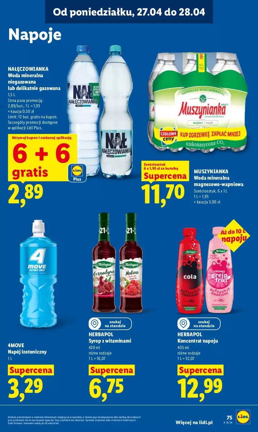 Gazetka promocyjna Lidl - Gazetka ważna od 27.04 do 28.04 - ważna 27.04 do 28.04.2026 - strona 75 - produkty: Gra, Herbapol, Magnez, Mus, Muszynianka, Nałęczowianka, Napój, Napój izotoniczny, Napoje, Syrop, Woda, Woda mineralna