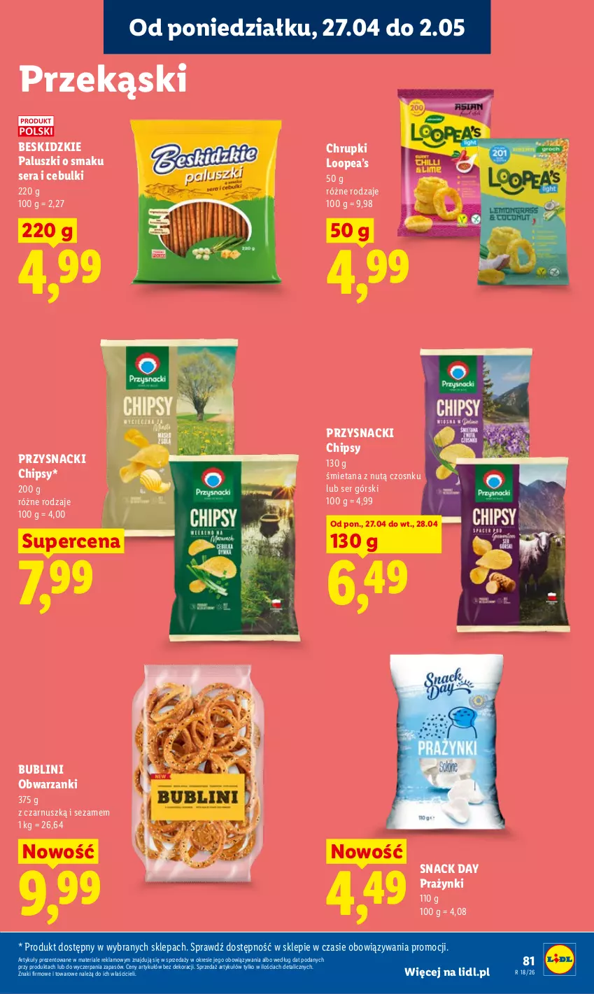 Gazetka promocyjna Lidl - Gazetka ważna od 27.04 do 28.04 - ważna 27.04 do 28.04.2026 - strona 81 - produkty: Beskidzki, Beskidzkie paluszki, Chipsy, Chrupki, Przysnacki, Ser, Sezam
