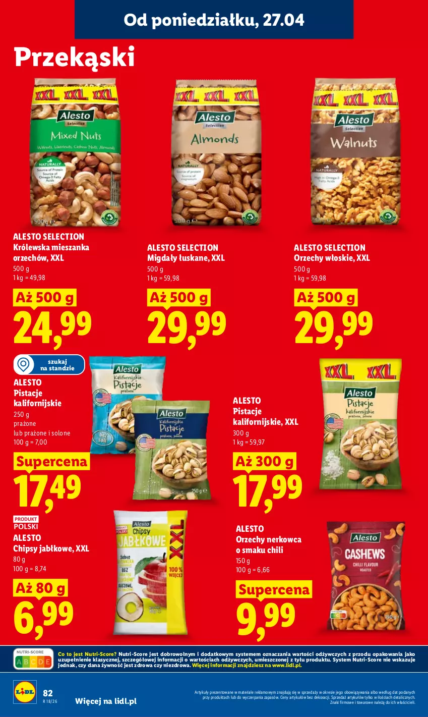Gazetka promocyjna Lidl - Gazetka ważna od 27.04 do 28.04 - ważna 27.04 do 28.04.2026 - strona 82 - produkty: Chipsy, Migdały, Migdały łuskane, Orzechy włoskie, Pistacje