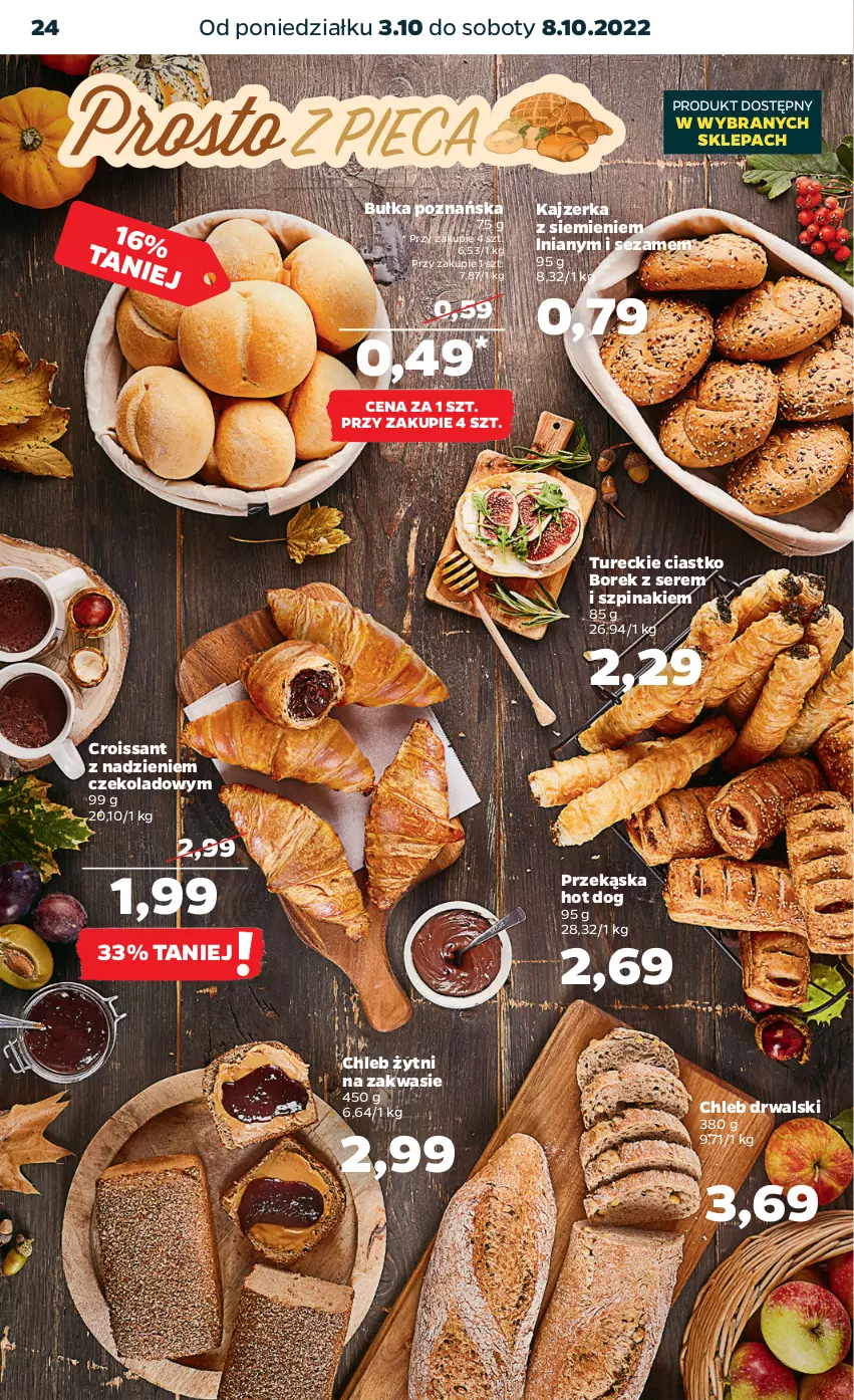 Gazetka promocyjna Netto - Artykuły spożywcze - ważna 03.10 do 08.10.2022 - strona 24 - produkty: Bułka, Chleb, Croissant, Hot dog, Kajzerka, Ser, Sezam, Szpinak