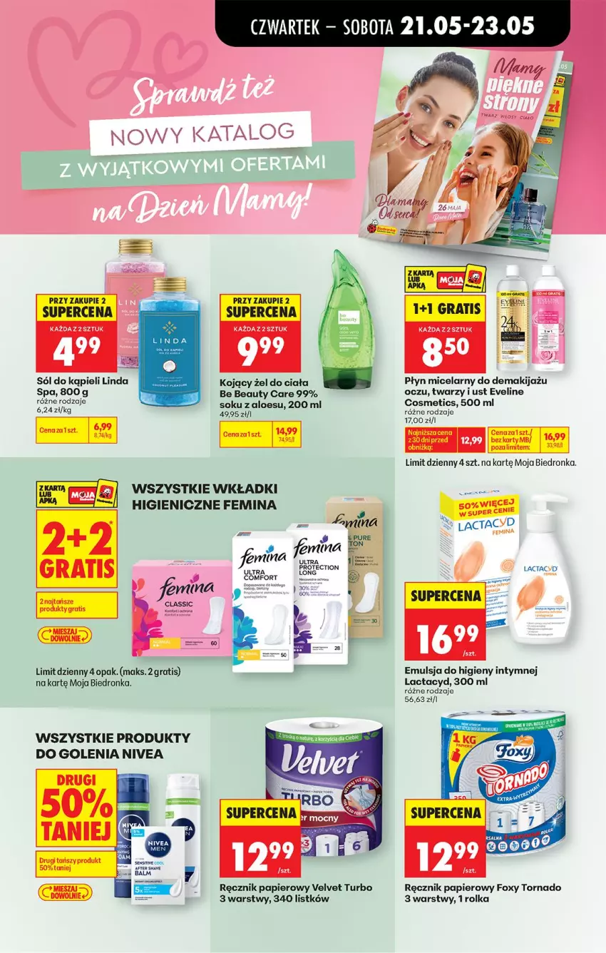 Gazetka promocyjna Biedronka - Od Czwartku - ważna 21.05 do 27.05.2026 - strona 61 - produkty: Be Be, Emulsja, Eveline, Foxy, Gra, Lactacyd, Makijaż, Nivea, Papier, Płyn micelarny, Ręcznik, Sok, Sól, Sól do kąpieli, Velvet, Wkładki