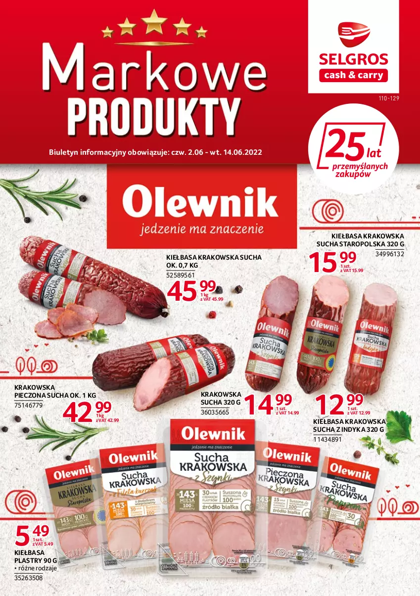 Gazetka promocyjna Selgros - Katalog Markowe Produkty - ważna 02.06 do 14.06.2022 - strona 1 - produkty: Kiełbasa, Kiełbasa krakowska, Piec