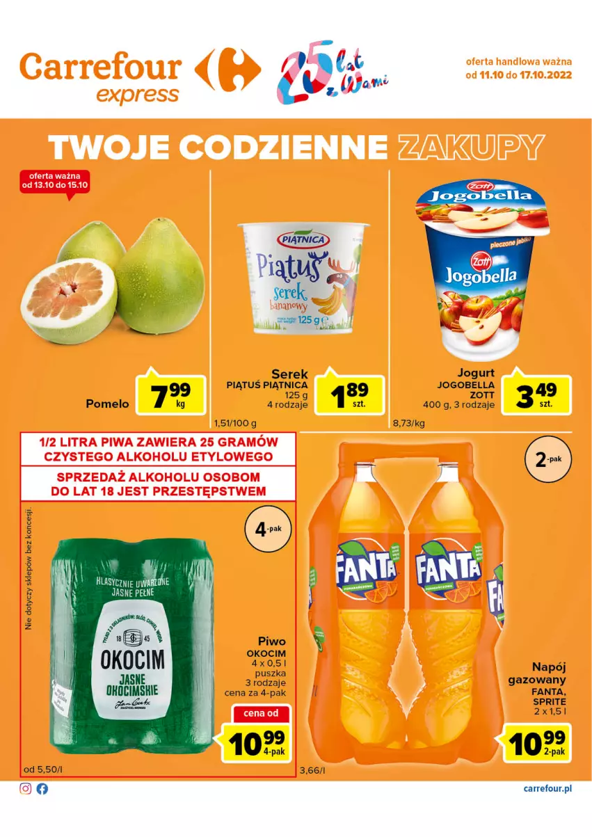 Gazetka promocyjna Carrefour - Gazetka Express - ważna 11.10 do 17.10.2022 - strona 2 - produkty: Bell, Bella, Fa, Fanta, Jogobella, Jogurt, Koc, Napój, Okocim, Piątnica, Piwo, Pomelo, Ser, Serek, Sprite, Zott