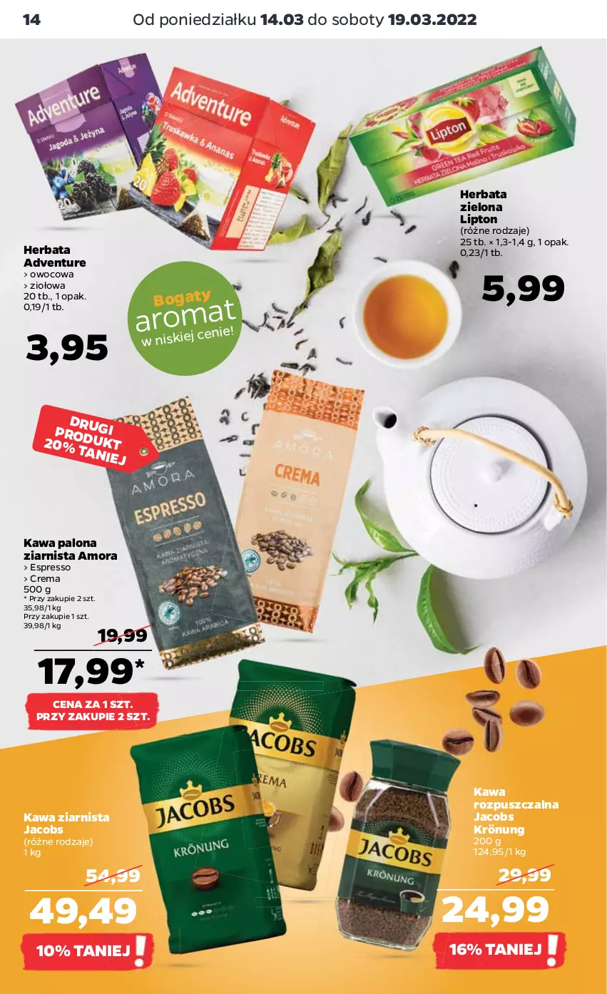 Gazetka promocyjna Netto - Gazetka spożywcza - ważna 14.03 do 19.03.2022 - strona 14 - produkty: Herbata, Jacobs, Jacobs Krönung, Kawa, Kawa rozpuszczalna, Kawa ziarnista, Lipton