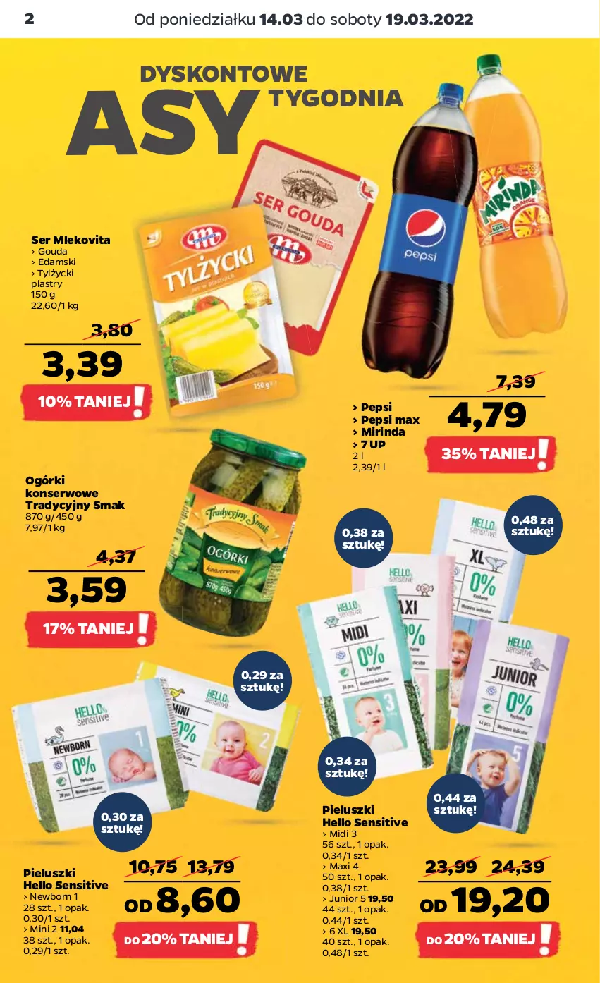 Gazetka promocyjna Netto - Gazetka spożywcza - ważna 14.03 do 19.03.2022 - strona 2 - produkty: Edam, Gouda, Mirinda, Mleko, Mlekovita, Ogórki konserwowe, Pepsi, Pepsi max, Ser