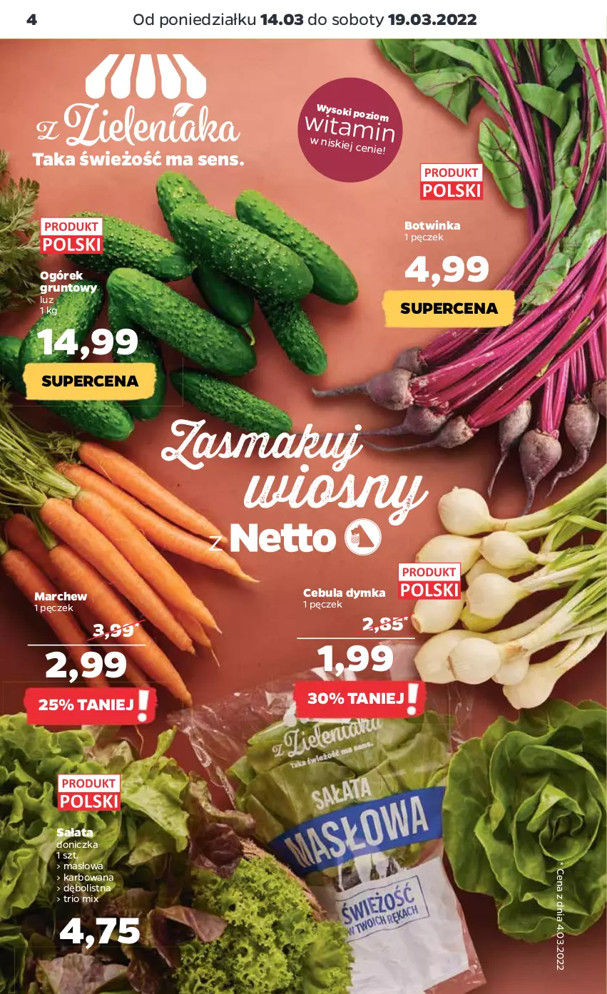 Gazetka promocyjna Netto - Gazetka spożywcza - ważna 14.03 do 19.03.2022 - strona 4 - produkty: Cebula, Grunt, Inka, Masło, Ogórek, Sałat, Sok