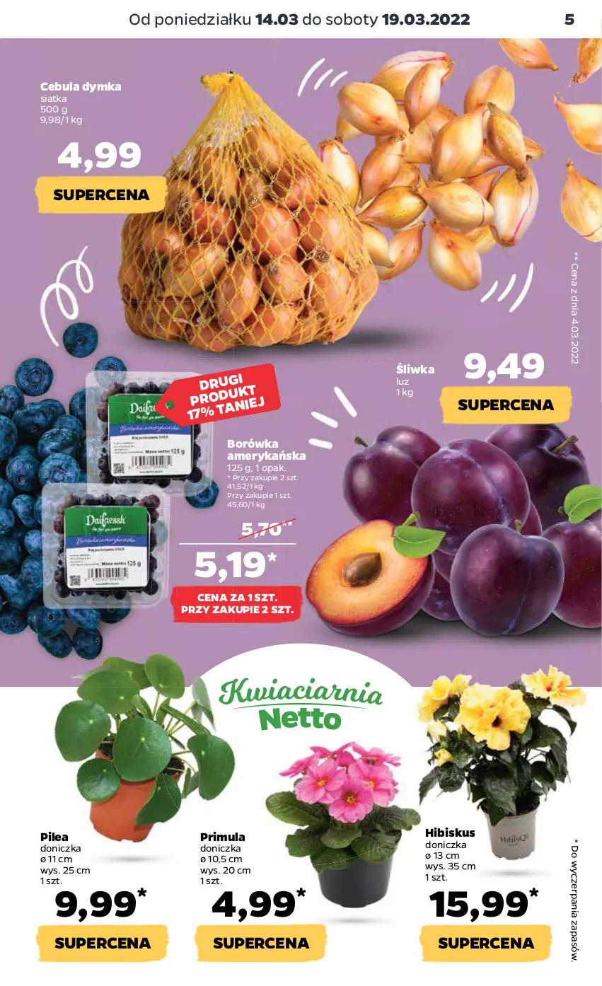 Gazetka promocyjna Netto - Gazetka spożywcza - ważna 14.03 do 19.03.2022 - strona 5 - produkty: Borówka, Borówka amerykańska, Cebula, Hibiskus, Primula, Siatka