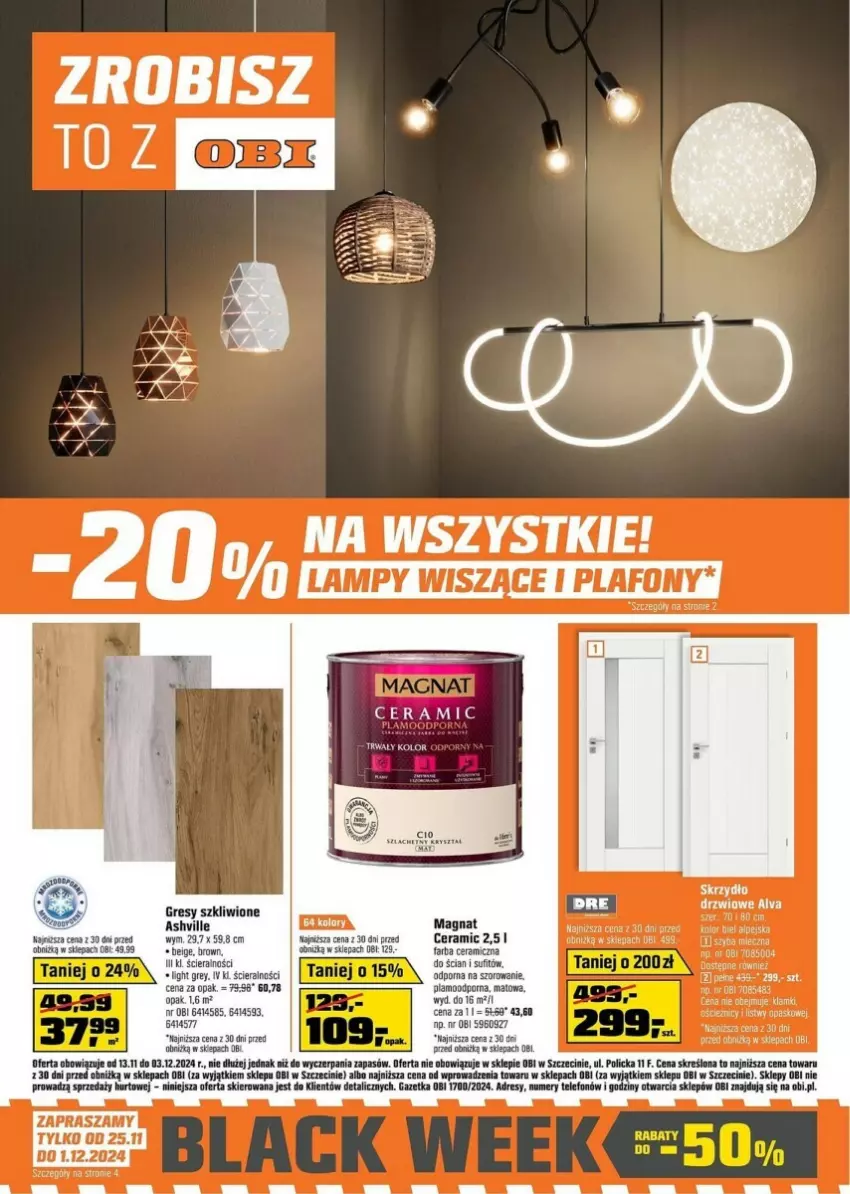 Gazetka promocyjna Obi - ważna 13.11 do 03.12.2024 - strona 1 - produkty: Dres, Drzwi, Fa, Farba ceramiczna, Gres, Leon, LG, Magnat Ceramic, Por, Skrzydło drzwiowe, Telefon