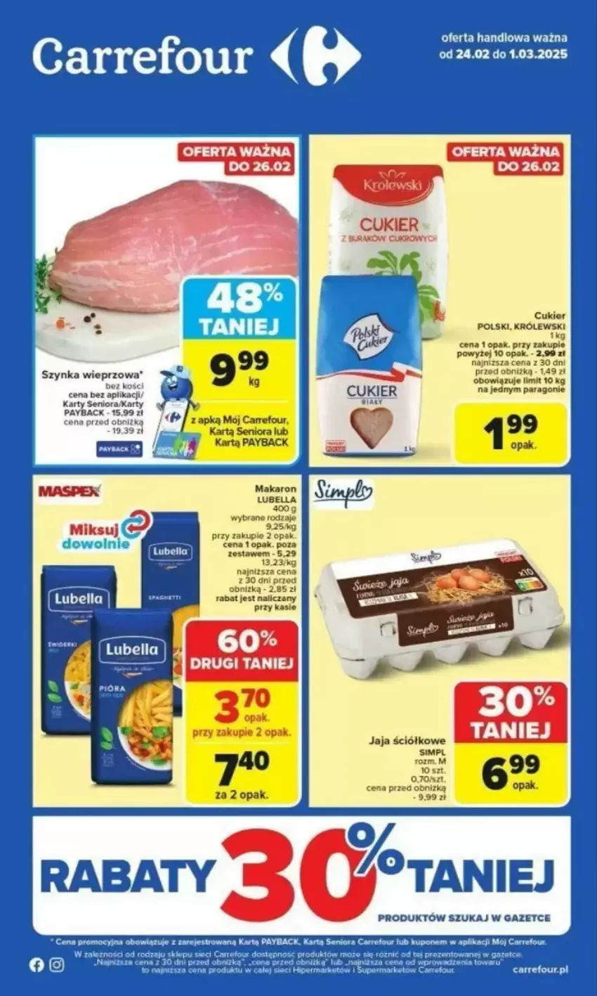 Gazetka promocyjna Carrefour - ważna 24.02 do 01.03.2025 - strona 1 - produkty: Bell, Bella, Cukier, Jaja, Lubella, Makaron, Por, Szynka, Szynka wieprzowa