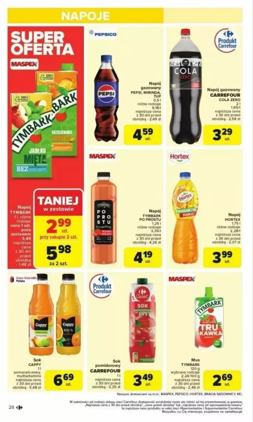 Gazetka promocyjna Carrefour - ważna 24.02 do 01.03.2025 - strona 21 - produkty: Hortex, Mirinda, Mus, Napój, Napój gazowany, Obraz, Pepsi, Sok, Sok pomidorowy, Tymbark