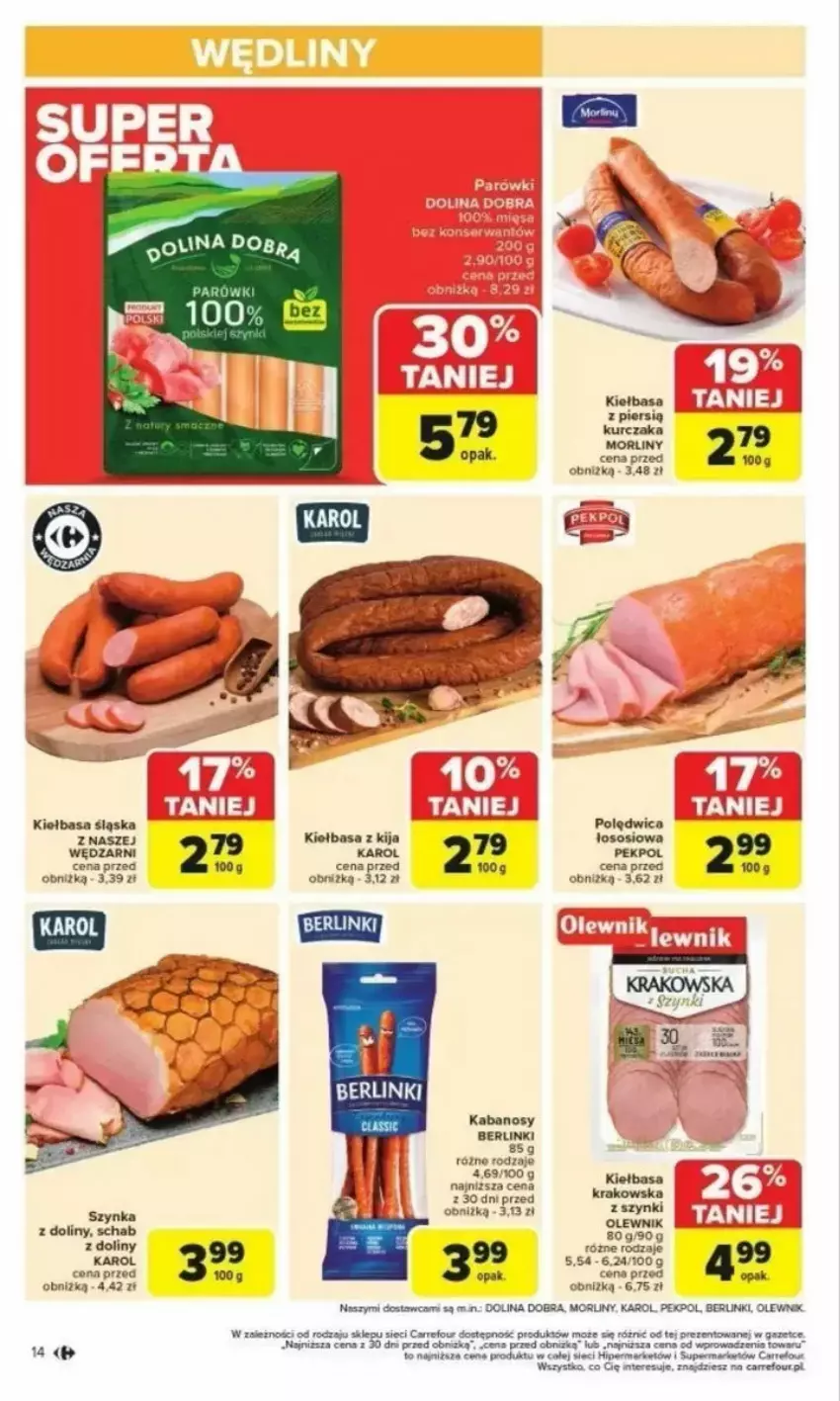 Gazetka promocyjna Carrefour - ważna 24.02 do 01.03.2025 - strona 6 - produkty: Berlinki, Kabanos, Kiełbasa, Kiełbasa śląska, Morliny, Olewnik, Pekpol, Polędwica, Ser, Sos, Szynka