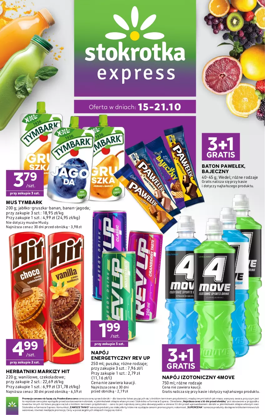 Gazetka promocyjna Stokrotka - Express - ważna 15.10 do 21.10.2026 - strona 1 - produkty: Baton, Gra, Herbatniki, Mięso, Mus, Napój, Napój energetyczny, Napój izotoniczny, Owoce, Tymbark, Warzywa