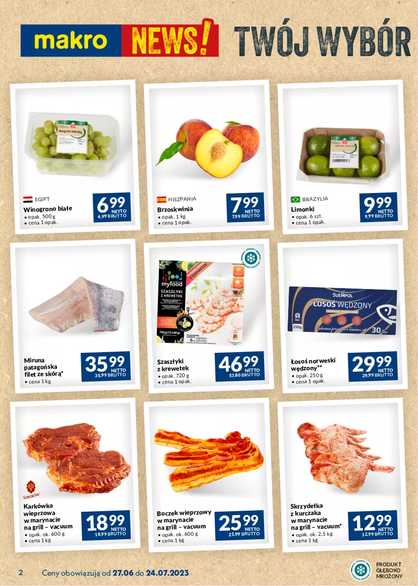 Gazetka promocyjna Makro - Najlepsze oferty - ważna 27.06 do 24.07.2023 - strona 2 - produkty: Boczek, Grill, Karkówka wieprzowa, Kurczak, Miruna, Skrzydełka z kurczaka, Tago, Wino