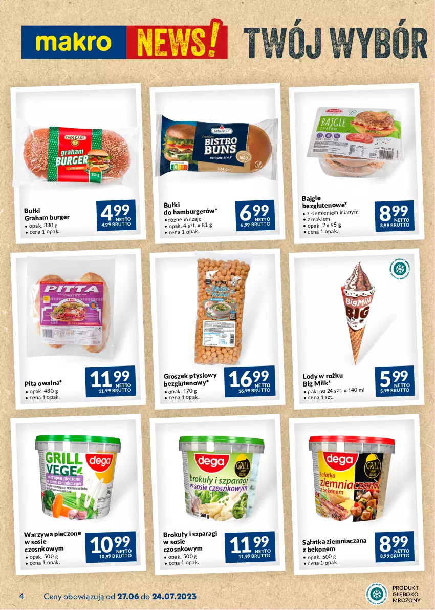 Gazetka promocyjna Makro - Najlepsze oferty - ważna 27.06 do 24.07.2023 - strona 4 - produkty: Bajgle, Beko, Big Milk, Brokuły, Burger, Gra, Groszek, Hamburger, Lody, Piec, Sałat, Sałatka, Sos, Warzywa