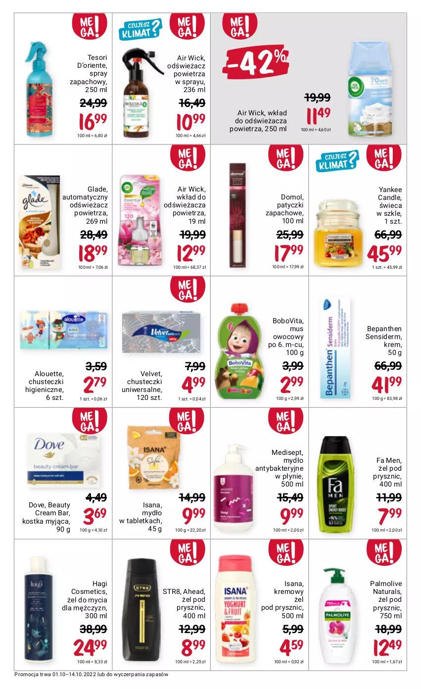 Gazetka promocyjna Rossmann - 1 października - ważna 01.10 do 14.10.2022 - strona 4 - produkty: Air Wick, Alouette, Bepanthen, BoboVita, Chusteczki, Domol, Dove, Fa, Isana, Kostka myjąca, Mus, Mydło, Odświeżacz powietrza, Palmolive, Str8, Tablet, Velvet