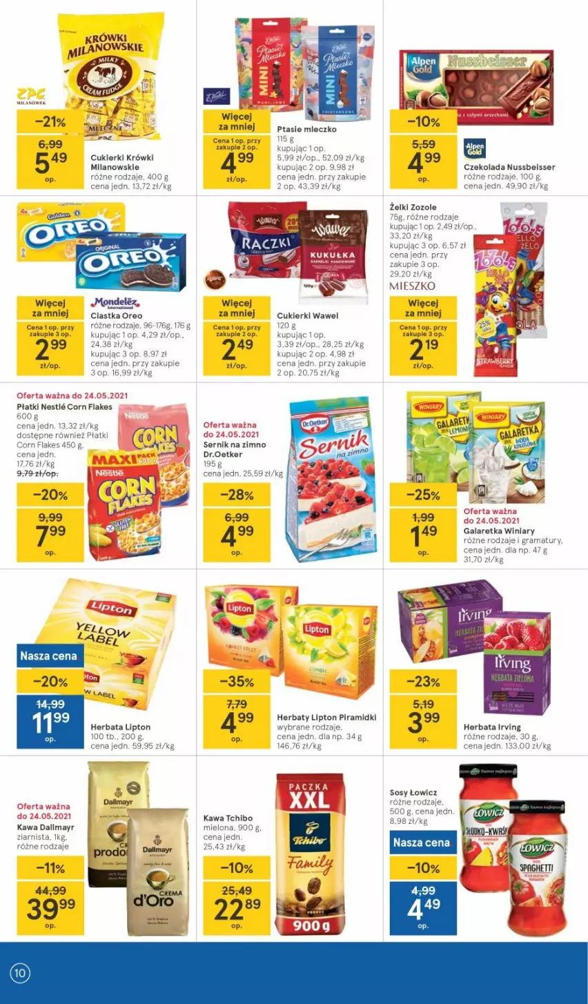 Gazetka promocyjna Tesco - Tesco gazetka - przyszły tydzień - ważna 20.05 do 26.05.2021 - strona 10 - produkty: Ciastka, Corn flakes, Cukier, Cukierki, Czekolada, Fa, Gala, Galaretka, Herbata, Kawa, Lipton, Oreo, Ser, Sos, Tchibo