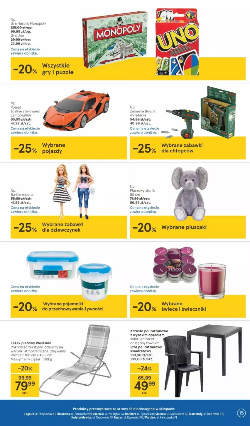 Gazetka promocyjna Tesco - Tesco gazetka - przyszły tydzień - ważna 20.05 do 26.05.2021 - strona 15 - produkty: Barbie, Bosch, Gra, Gry, Hasbro, Krzesło, Monopoly, Pluszak, Pojazd, Pojemnik, Pokrowiec, Por, Puzzle, Sok, Stół, Tarka, Wkręt, Wkrętarka, Zabawka