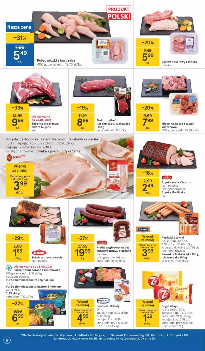 Gazetka promocyjna Tesco - Tesco gazetka - przyszły tydzień - ważna 20.05 do 26.05.2021 - strona 8 - produkty: Kiełbasa, Kiełbasa głogowska, Kurczak, Parówki, Parówki z szynki, Pax, Polędwica, Polędwiczki z kurczaka, Pur, Rogal, Salami, Sok, Sokołów, Sos, Szpinak, Szynka