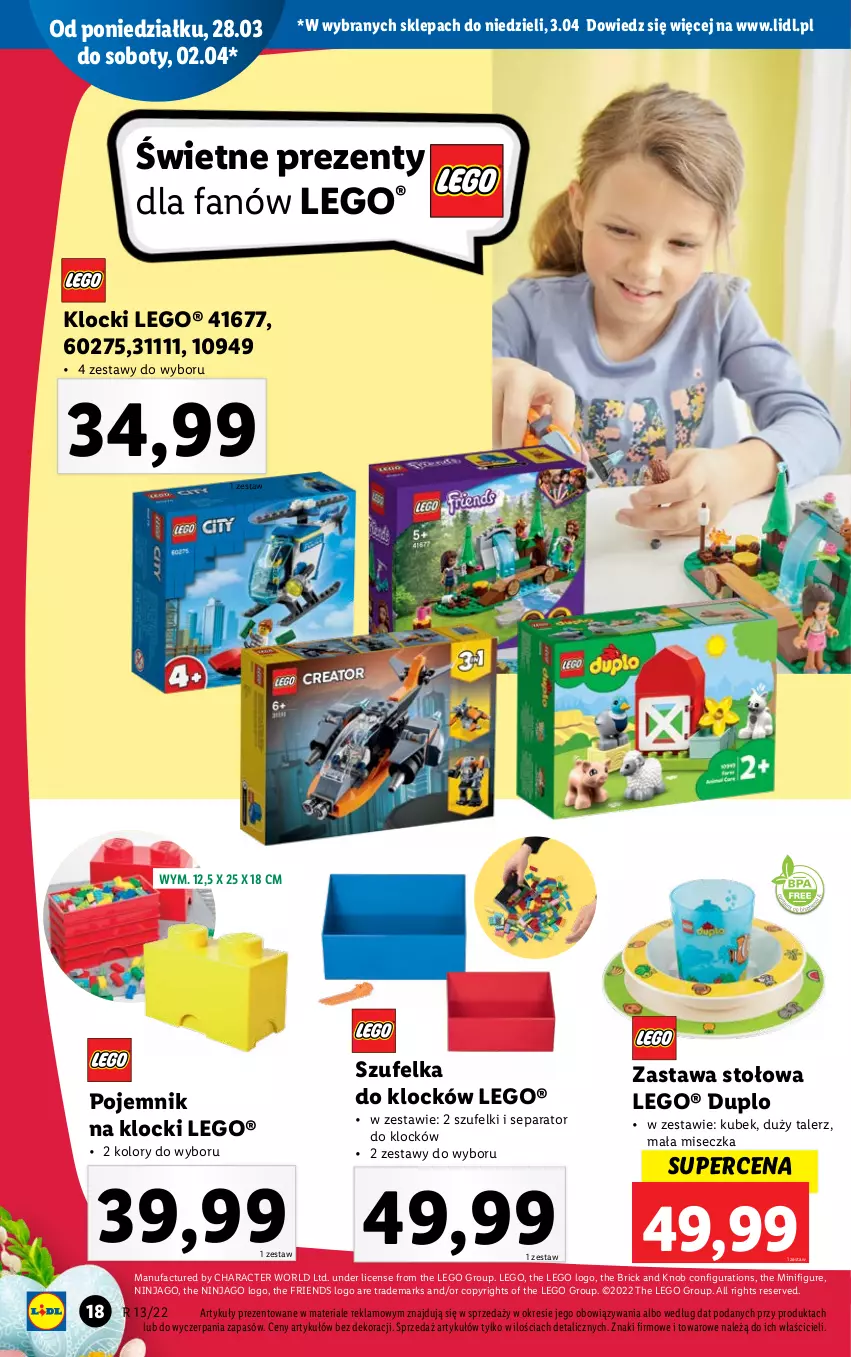 Gazetka promocyjna Lidl - GAZETKA - ważna 28.03 do 03.04.2022 - strona 18 - produkty: Fa, Klocki, Kubek, LEGO, Miseczka, Pojemnik, Ser, Szufelka, Talerz