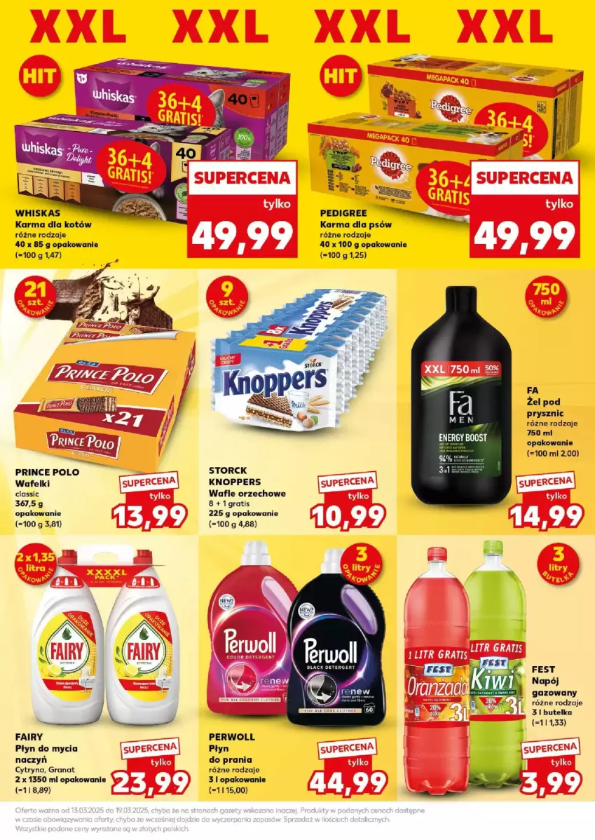 Gazetka promocyjna Kaufland - ważna 15.03 do 15.03.2025 - strona 14 - produkty: Do mycia naczyń, Fa, Fairy, Gra, Granat, Knoppers, Napój, Napój gazowany, Pedigree, Perwoll, Płyn do mycia, Płyn do mycia naczyń, Płyn do prania, Prince Polo, Wafle, Whiskas