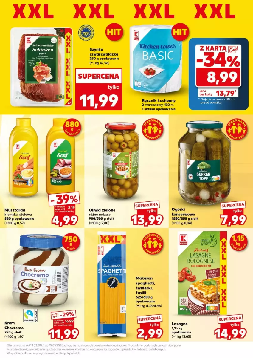 Gazetka promocyjna Kaufland - ważna 15.03 do 15.03.2025 - strona 16 - produkty: Fa, Kakao, Lasagne, Makaron, Mus, Musztarda, Oliwki, Oliwki zielone, Ręcznik, Ręcznik kuchenny, Ser, Spaghetti, Szynka, Top