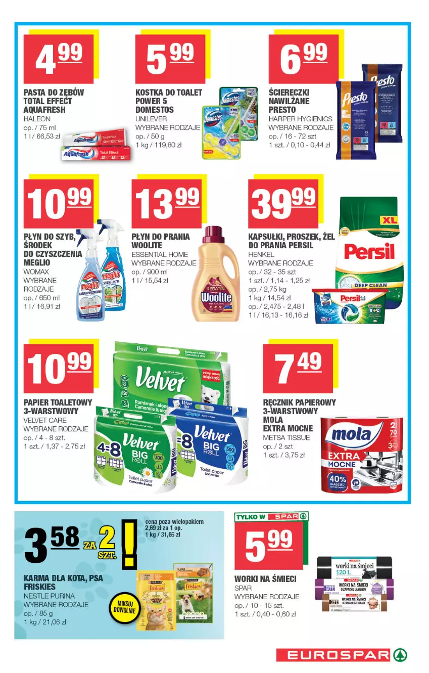 Gazetka promocyjna Spar - EuroSpar - ważna 29.07 do 09.08.2026 - strona 13 - produkty: Aquafresh, Domestos, Leon, Mola, Papier, Papier toaletowy, Pasta do zębów, Persil, Płyn do prania, Płyn do szyb, Presto, Ręcznik, Velvet, Woolite, Worki na śmiec, Worki na śmieci