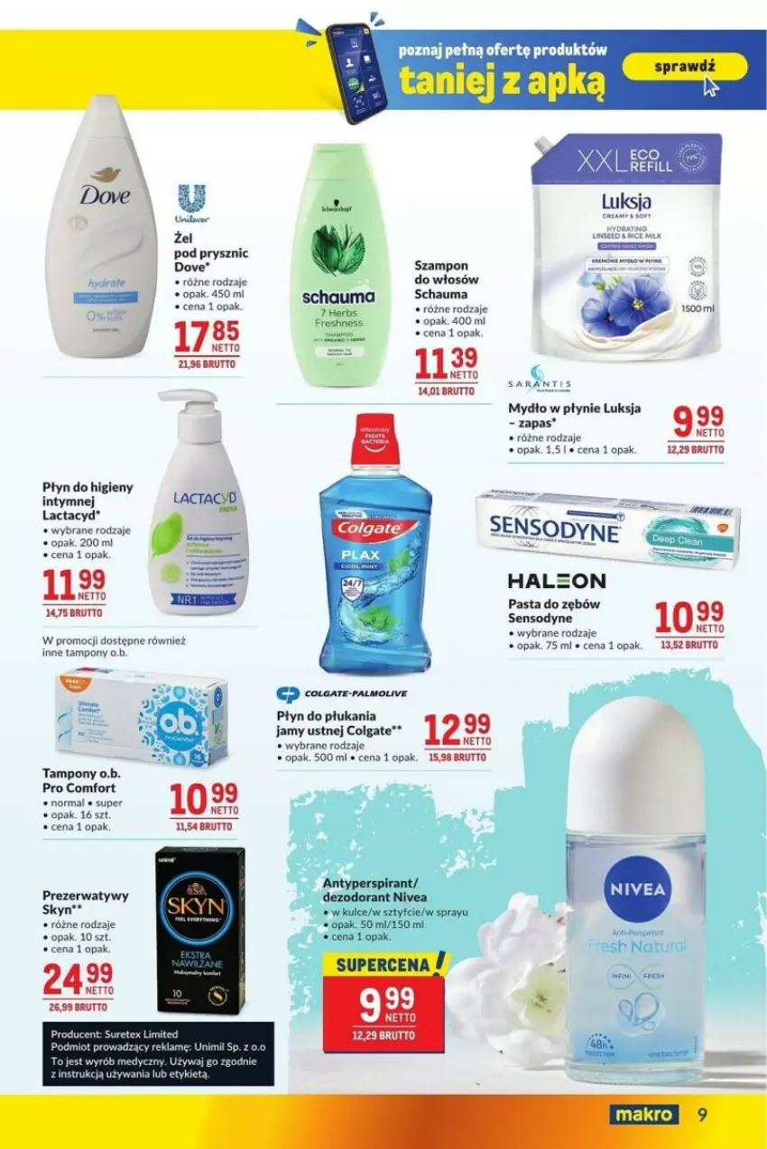 Gazetka promocyjna Makro - ważna 17.09 do 14.10.2024 - strona 19 - produkty: Colgate, Dove, Lactacyd, LG, Luksja, Miód, Mydło, Mydło w płynie, O.B., Palmolive, Pasta do zębów, Płyn do higieny intymnej, Płyn do płukania, Płyn do płukania jamy ustnej, Prezerwatyw, Schauma, Sensodyne, Skyn, Szampon, Tampony