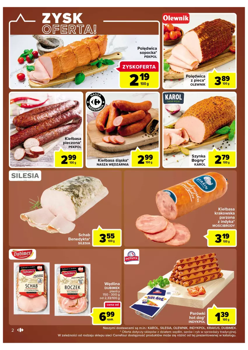 Gazetka promocyjna Carrefour - Gazetka Zyskoferty - ważna 22.11 do 03.12.2022 - strona 4 - produkty: Hot dog, Kiełbasa, Kiełbasa śląska, Krakus, Olewnik, Parówki, Parówki hot dog, Pekpol, Piec, Polędwica, Ser, Wędlina