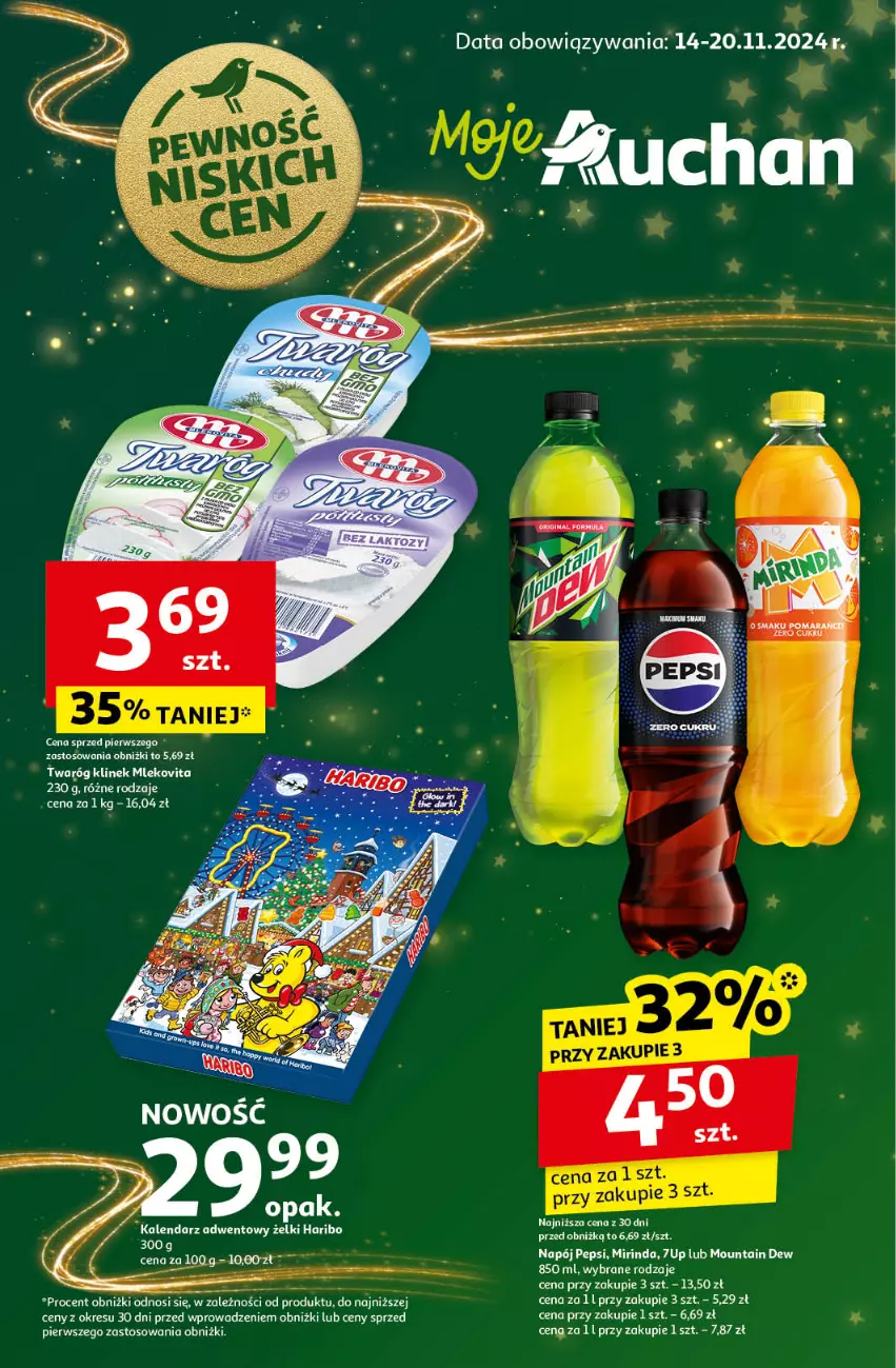 Gazetka promocyjna Auchan - Pewność Niskich Cen Moje - ważna 14.11 do 20.11.2024 - strona 1 - produkty: 7up, Mirinda, Napój, Pepsi