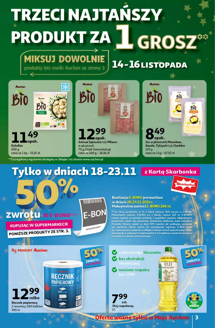 Gazetka promocyjna Auchan - Pewność Niskich Cen Moje - ważna 14.11 do 20.11.2024 - strona 3 - produkty: Cheddar, Gouda, Maasdam, Olej, Papier, Ręcznik, Salami, Ser