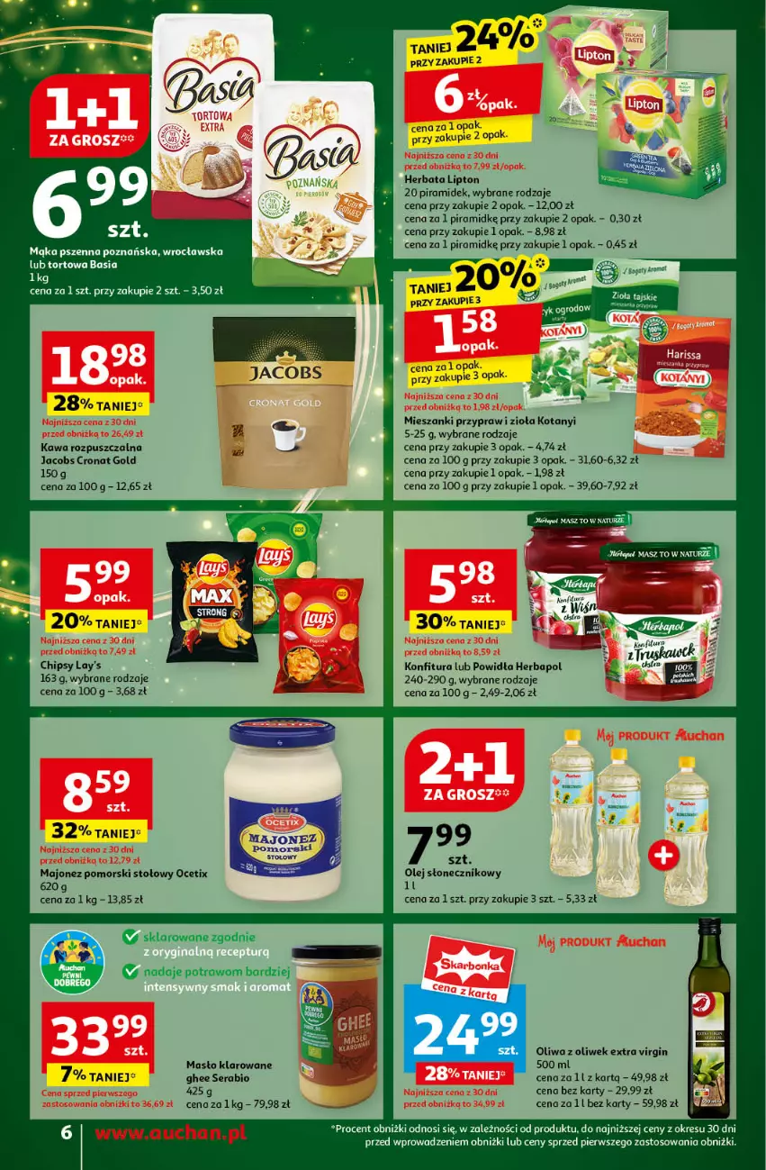 Gazetka promocyjna Auchan - Pewność Niskich Cen Moje - ważna 14.11 do 20.11.2024 - strona 8 - produkty: Basia, Chipsy, Gin, Herbapol, Herbata, Jacobs, Kawa, Kawa rozpuszczalna, Konfitura, Lipton, Majonez, Mąka, Mąka pszenna, Masło, Masło klarowane, Ocet, Olej, Olej słonecznikowy, Oliwa, Oliwa z oliwek, Ser