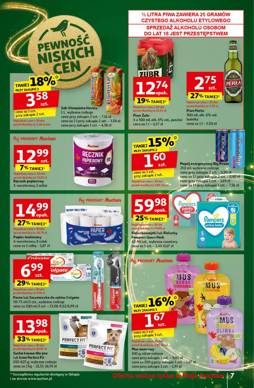 Gazetka promocyjna Auchan - Pewność Niskich Cen Moje - ważna 14.11 do 20.11.2024 - strona 9 - produkty: Colgate, Hortex, Inka, LG, Majtki, Mus, Napój, Napój energetyczny, Pampers, Papier, Papier toaletowy, Perła, Pieluchomajtki, Pieluchy, Piwo, Ręcznik, Sok, Sucha karma, Szczoteczka, Szczoteczka do zębów