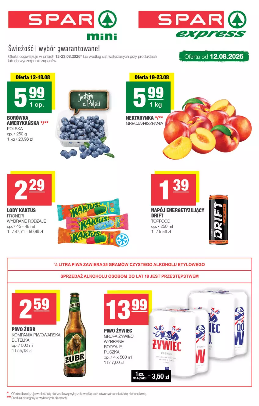 Gazetka promocyjna Spar - Spar-Mini - ważna 12.08 do 23.08.2026 - strona 1 - produkty: Borówka, Gra, Kaktus, Lody, Napój, Nektar, Nektarynka, Piwa, Piwo, Top