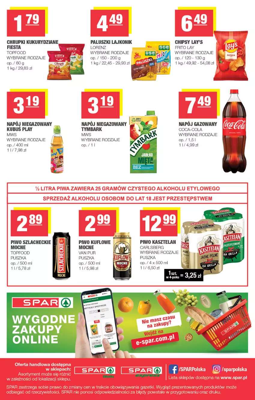 Gazetka promocyjna Spar - Spar-Mini - ważna 12.08 do 23.08.2026 - strona 4 - produkty: Carlsberg, Chipsy, Chrupki, Coca-Cola, Kasztelan, Lajkonik, Lorenz, Napój, Napój gazowany, Napój niegazowany, Piwo, Pur, Top, Tymbark